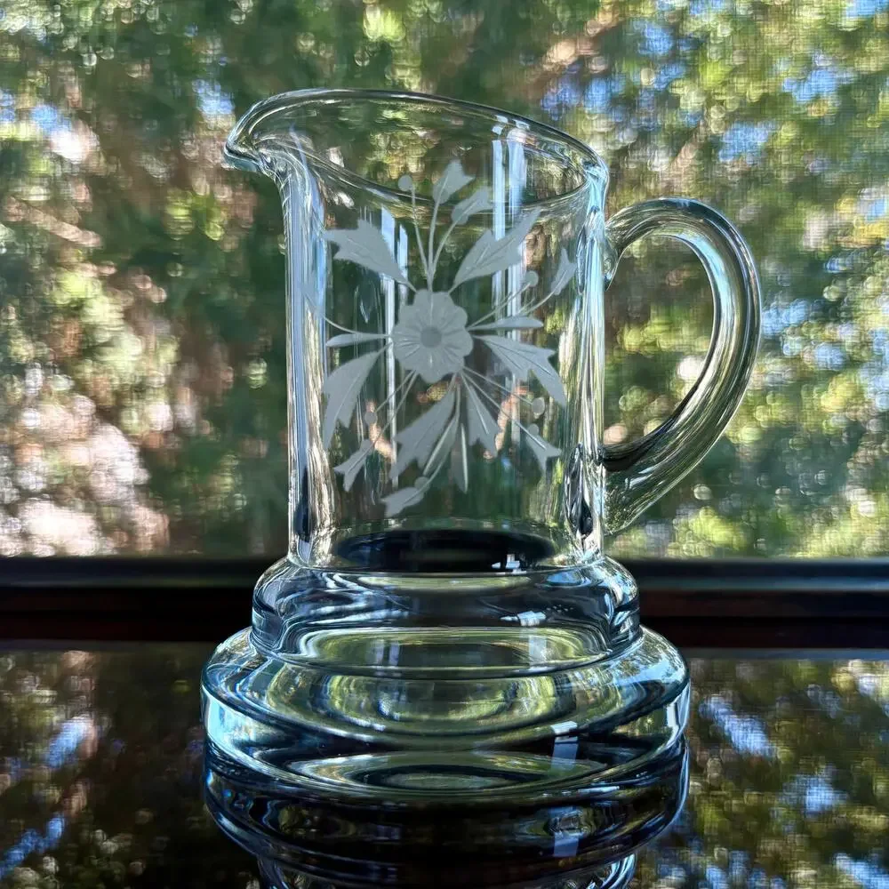 Vintage Etched Glass Creamer Pitcher Floral Clear Glass Cream Server